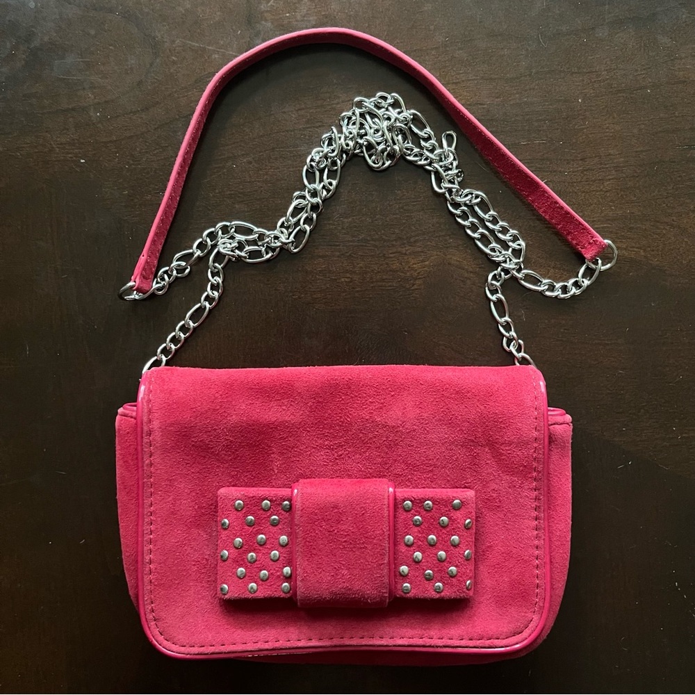 White House Black Market Red Suede Bow Mini Crossbody Purse Clutch